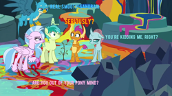Size: 776x434 | Tagged: safe, edit, edited screencap, screencap, gallus, ocellus, sandbar, silverstream, smolder, tree of harmony, changeling, dragon, earth pony, griffon, hippogriff, pony, g4, uprooted, argument, cave, chatting, gallus is not amused, looking at each other, looking at someone, looking down, ocellus is not amused, paint, painted, pointing, raised claw, shrunken pupils, silverstream is not amused, text, tree, unamused