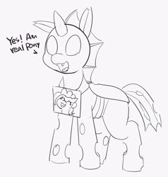 Size: 2657x2793 | Tagged: safe, artist:pabbley, pinkie pie, changeling, earth pony, pony, g4, :3, dialogue, disguise, disguised changeling, eyes closed, fangs, female, high res, lineart, mare, monochrome, open mouth, paper-thin disguise, sign, simple background, smiling, solo, white background
