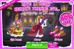 Size: 1031x687 | Tagged: safe, gameloft, merry, rarity, g4, advertisement, christmas, gem, holiday, introduction card