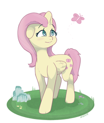 Size: 1014x1200 | Tagged: safe, artist:redroundfruit, fluttershy, butterfly, pegasus, pony, g4, blushing, cute, female, folded wings, looking at something, looking up, mare, one ear down, shyabetes, simple background, solo, three quarter view, white background, wings