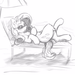 Size: 4000x4000 | Tagged: safe, artist:alcor, rarity, pony, unicorn, g4, beach chair, black and white, chair, crossed hooves, crossed legs, female, frown, grayscale, lying, mare, monochrome, on back, sketch, solo, stupid sexy rarity, sunglasses, umbrella