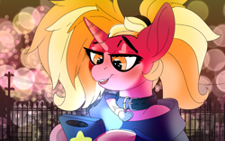 Size: 1920x1200 | Tagged: safe, artist:brainiac, derpibooru exclusive, luster dawn, pony, unicorn, g4, blushing, cellphone, collar, cute, female, lusterbetes, mare, open mouth, pet play, pet tag, phone, solo