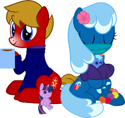 Size: 4000x3767 | Tagged: safe, artist:pilot231, twilight sparkle, oc, oc:blue cove, oc:max mustang, oc:sea foam ep, earth pony, pony, 2020 community collab, derpibooru community collaboration, g4, chocolate, clothes, cuddling, female, flower on ear, food, hot chocolate, lei, male, mare, plushie, scarf, simple background, snow tip nose, stallion, sweater, transparent background, vector