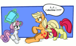Size: 1280x775 | Tagged: safe, artist:cuddlelamb, apple bloom, applejack, sweetie belle, earth pony, pony, g4, age progression, age regression, animated, baby, baby pony, babyjack, blushing, diaper, dock, female, foal, gif, impossibly large diaper, levitation, magic, mouth hold, older, older apple bloom, poofy diaper, scruff, telekinesis, younger