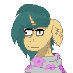 Size: 1280x1280 | Tagged: safe, artist:wata, oc, oc only, oc:wata, pony, unicorn, blanket, curved horn, horn, looking at you, looking back, pixel art, simple background, solo, white background
