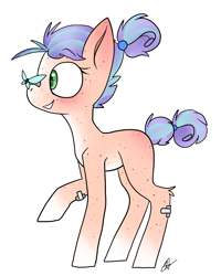 Size: 2000x2500 | Tagged: safe, artist:katyusha, oc, oc only, oc:maybree, butterfly, earth pony, pony, bandaids, cute, female, filly, freckles, green eyes, hair bun, high res, multicolored hair, purple hair, simple background, solo, tail bun, tomboy, white hooves