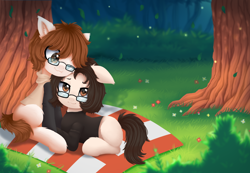 Size: 3024x2088 | Tagged: safe, artist:alexander56910, oc, oc only, pony, clothes, cuddling, cute, duo, female, flower, forest, glasses, high res, hoodie, leaves, lesbian, picnic, picnic blanket, tree