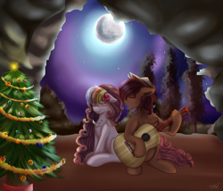 Size: 3500x3000 | Tagged: safe, artist:shamy-crist, oc, oc only, pony, acoustic guitar, christmas, christmas tree, female, hat, high res, holiday, male, mare, moon, musical instrument, night, stallion, tree