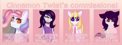 Size: 1280x481 | Tagged: safe, artist:xcinnamon-twistx, oc, oc:candy lace, oc:cinnamon twist, oc:deadie, alicorn, bat pony, bat pony alicorn, pegasus, pony, advertisement, art, artist, bell, bell collar, cat bell, chibi, clothes, collar, commission, commission info, eyes closed, heart eyes, hoodie, horn, leash, looking at you, one-piece swimsuit, pet tag, price list, prices, swimsuit, wingding eyes