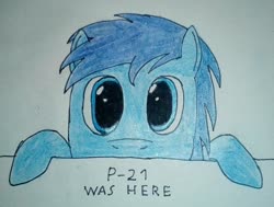 Size: 1736x1310 | Tagged: safe, artist:überreaktor, oc, oc only, oc:p-21, pony, fallout equestria, fallout equestria: project horizons, fanfic art, hooves, kilroy, kilroy was here, solo, traditional art