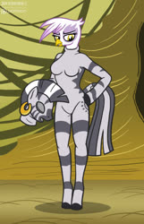 Size: 588x911 | Tagged: safe, artist:foxbeast, gilda, zecora, griffon, zebra, anthro, unguligrade anthro, g4, arm hooves, barbie doll anatomy, bodysuit, breasts, character to character, clothes, cosplay, costume, disguise, featureless breasts, female, mask, masking, ponysuit, solo, wat, zebra suit