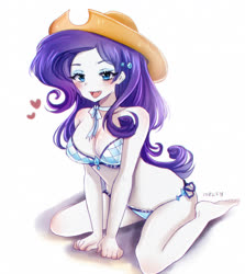 Size: 1162x1300 | Tagged: safe, artist:melfy, rarity, equestria girls, g4, accessory swap, adorasexy, anime, applejack's hat, barefoot, bikini, blushing, breasts, clothes, cowboy hat, cute, cute little fangs, fangs, feet, female, hat, implied lesbian, implied rarijack, implied shipping, raribetes, sexy, solo, swimsuit, ych result