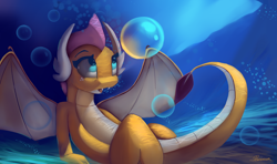 Size: 4554x2700 | Tagged: safe, artist:auroriia, smolder, dragon, g4, bubble, dragon wings, female, horns, looking up, open mouth, scales, solo, tail, underwater, water, wings