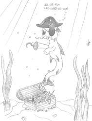 Size: 555x735 | Tagged: safe, artist:quint-t-w, merpony, pony, bubble, eyepatch, hat, hook, ocean, old art, pencil drawing, pirate, pirate hat, seaweed, singing, skull and crossbones, solo, traditional art, treasure, treasure chest, underwater