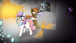 Size: 5332x3000 | Tagged: safe, artist:aiibadbadgers, button mash, sweetie belle, earth pony, enderman, enderpony, pony, undead, unicorn, zombie, don't mine at night, g4, arrow, bone, bow (weapon), bow and arrow, colt, duo, duo male and female, female, filly, foal, high res, magic, male, minecraft, pickaxe, ponified, skeleton, weapon