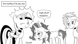 Size: 1200x675 | Tagged: safe, artist:pony-berserker, starlight glimmer, trixie, twilight sparkle, alicorn, pony, unicorn, pony-berserker's twitter sketches, g4, alicorn metabolism, black and white, eyes closed, female, grayscale, halftone, hangover, implied hangover, mare, metabolism, monochrome, new year, signature, simple background, sketch, smug, smuglight sparkle, tired, trio, twilight sparkle (alicorn), white background