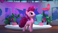 Size: 800x450 | Tagged: safe, screencap, pinkie pie, earth pony, pony, g4, hello pinkie pie, 3d, animated, chair, female, gif, plant, potted plant, prancing, smiling, solo, studio, year in review