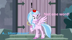 Size: 776x434 | Tagged: safe, edit, edited screencap, screencap, silverstream, classical hippogriff, hippogriff, g4, school daze, apple, apple on head, castle, exclamation point, female, food, offscreen character, outdoors, raised claw, shocked expression, solo, spread wings, stairs, text edit, wings