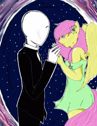 Size: 2550x3300 | Tagged: safe, artist:vampenxwitch, fluttershy, anthro, g4, ambiguous facial structure, blushing, clothes, creepypasta, dress, duo, female, flower, high res, holding hands, male, romance, shipping, slenderman, slendershy, straight