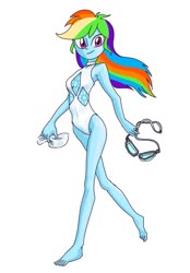 Size: 709x1021 | Tagged: safe, artist:dadss_rootbeer, rainbow dash, equestria girls, g4, clothes, cutie mark, female, implied rarity, looking at you, one-piece swimsuit, simple background, smiling, solo, swimsuit, white background