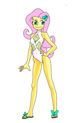 Size: 589x996 | Tagged: safe, artist:dadss_rootbeer, fluttershy, equestria girls, g4, armpits, clothes, cutie mark, female, implied rarity, looking at you, one-piece swimsuit, simple background, smiling, solo, swimsuit, white background