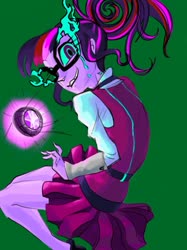 Size: 763x1021 | Tagged: safe, artist:dadss_rootbeer, sci-twi, twilight sparkle, equestria girls, g4, my little pony equestria girls: friendship games, crying, female, green background, looking at you, midnight sparkle, simple background, solo