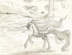 Size: 2199x1700 | Tagged: safe, artist:whitewing1, princess luna, pony, g4, female, missing accessory, monochrome, moon, solo, traditional art, tree, water