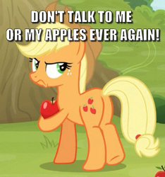 Size: 536x573 | Tagged: safe, edit, edited screencap, screencap, applejack, g4, going to seed, apple, butt, caption, cropped, don't talk to me or my son ever again, food, frown, image macro, meme, plot, text