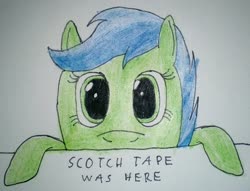 Size: 1978x1514 | Tagged: safe, artist:überreaktor, oc, oc:scotch tape, pony, fallout equestria, fallout equestria: project horizons, fanfic art, hooves, kilroy, kilroy was here, solo, text, traditional art