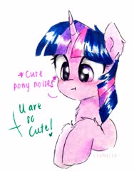 Size: 2216x2954 | Tagged: safe, artist:liaaqila, part of a set, twilight sparkle, pony, g4, :t, blushing, chest fluff, cute, descriptive noise, dialogue, ear fluff, female, high res, horse noises, leg fluff, mare, offscreen character, solo, traditional art, twiabetes