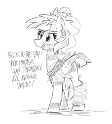 Size: 2205x2429 | Tagged: safe, artist:flutterthrash, windy whistles, pegasus, pony, g4, alternate hairstyle, black and white, bullet belt, clothes, collar, dialogue, female, grayscale, high res, mare, metal, monochrome, outfit, piercing, solo, vest, wristband