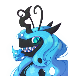 Size: 2786x3094 | Tagged: safe, artist:paradiseskeletons, oc, oc only, oc:queen fylifa, changeling, changeling queen, antennae, blue changeling, cackling, changeling oc, changeling queen oc, grin, head shot, high res, looking at you, smiling, solo, toothy grin