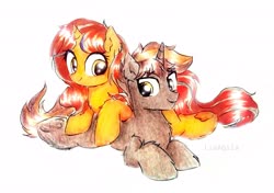 Size: 3165x2231 | Tagged: safe, artist:liaaqila, oc, oc only, oc:cinderheart, oc:shadowheart, pony, unicorn, commission, cute, duo, fluffy, high res, lying down, lying on top of someone, siblings, simple background, traditional art, twins, white background