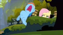 Size: 1280x720 | Tagged: safe, screencap, applejack, fluttershy, rainbow dash, spike, bird, dragon, earth pony, pegasus, pony, timber wolf, g4, spike at your service, animated, bucket sandals, covering ears, earthquake, eye, eyes, female, forest, inhaling, leaves, male, mare, rake, roar, sound, tree, webm, zoom out