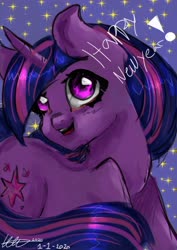 Size: 3508x4960 | Tagged: safe, artist:sommerlilly05, twilight sparkle, pony, unicorn, g4, eyes open, female, happy new year, holiday, horn, mare, new year, open mouth, solo, unicorn twilight