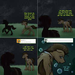 Size: 1502x1502 | Tagged: safe, artist:jitterbugjive, artist:sugar0612, doctor whooves, time turner, earth pony, pony, ask discorded whooves, lovestruck derpy, g4, doctor who, foreshadowing, implied derpy, male, rain, self fulfilling prophecy, self ponidox, solo, stallion, the doctor, time travel, timelord ponidox