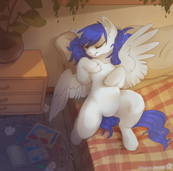 Size: 984x969 | Tagged: safe, alternate version, artist:apple_nettle, oc, oc only, oc:gabriel, pegasus, pony, bed, book, eyes closed, hooves to the chest, lying down, on back, pillow, plant, plant pot, sleeping, solo