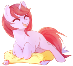 Size: 498x447 | Tagged: safe, artist:apple_nettle, oc, oc only, pony, unicorn, eyes closed, happy, open mouth, pillow, simple background, solo, white background