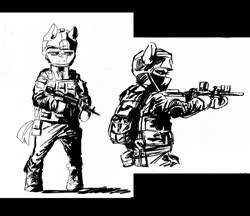 Size: 1477x1278 | Tagged: safe, artist:draw3, earth pony, semi-anthro, 4chan, arm hooves, assault rifle, badass, bipedal, clothes, drawthread, gun, helmet, monochrome, rifle, tactical vest, traditional art, weapon