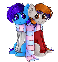Size: 1280x1352 | Tagged: safe, artist:ovorii, oc, oc only, oc:cloud gazer, 2020 community collab, derpibooru community collaboration, clothes, duo, hoodie, scarf, shared clothing, shared scarf, simple background, transparent background