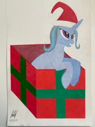 Size: 400x534 | Tagged: safe, artist:schufflez4380, trixie, g4, christmas, christmas gift, hat, holiday, present, santa hat