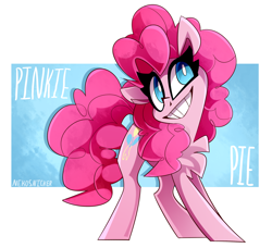 Size: 1768x1615 | Tagged: safe, artist:nekosnicker, pinkie pie, earth pony, pony, g4, abstract background, chest fluff, female, simple background, smiling, solo, text