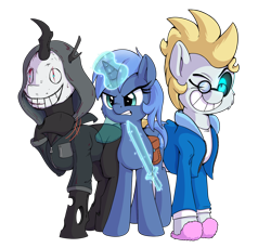 Size: 6000x5500 | Tagged: safe, artist:discorded, artist:djdavid98, artist:pirill, oc, oc only, oc:carbon copy, oc:double colon, oc:star farer, changeling, earth pony, pony, unicorn, 2020 community collab, derpibooru community collaboration, angry, black sclera, blood, clothes, collaboration, cosplay, costume, cutie mark, dead by daylight, female, glasses, glowing eyes, grin, hoodie, jacket, legion (dead by daylight), magic, magic aura, male, mask, minecraft, motion lines, one eye closed, saddle bag, sans (undertale), simple background, slippers, smiling, stallion, sword, transparent background, undertale, weapon, wink
