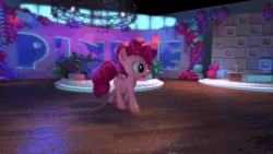 Size: 800x450 | Tagged: safe, screencap, pinkie pie, earth pony, pony, g4, hello pinkie pie, 3d, animated, balloon, chair, dancing, female, gif, light, looking at you, moonwalk, plant, potted plant, smiling, solo, streamer, studio, year in review