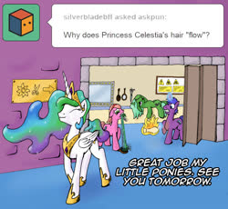 Size: 873x804 | Tagged: safe, artist:arvaus, princess celestia, oc, earth pony, pony, unicorn, ask pun, g4, ask, fire