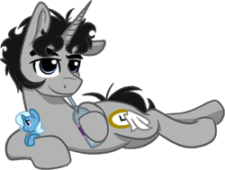 Size: 1200x907 | Tagged: safe, artist:binkyt11, derpibooru exclusive, trixie, oc, oc:ragtime melody, pony, unicorn, 2020 community collab, derpibooru community collaboration, g4, alcohol, male, plushie, prone, simple background, solo, stallion, thick eyebrows, transparent background