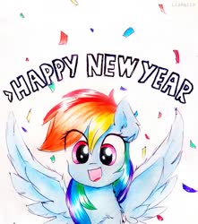 Size: 2322x2622 | Tagged: safe, artist:liaaqila, rainbow dash, pegasus, pony, g4, confetti, cute, dashabetes, female, happy, happy new year, happy new year 2020, high res, holiday, looking at you, simple background, smiling, solo, spread wings, traditional art, wings