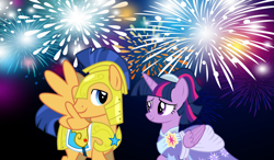 Size: 2064x1204 | Tagged: safe, flash sentry, twilight sparkle, alicorn, pony, g4, the last problem, armor, clothes, coronation dress, dress, female, fireworks, happy new year, happy new year 2020, holiday, looking at each other, male, night, royal guard, royal guard armor, second coronation dress, ship:flashlight, shipping, smiling, straight, twilight sparkle (alicorn)