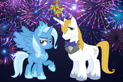 Size: 2400x1600 | Tagged: safe, prince blueblood, trixie, g4, christmas, female, holiday, male, mistleholly, new year, ship:bluetrix, shipping, straight