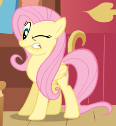 Size: 879x956 | Tagged: safe, screencap, fluttershy, pegasus, pony, a bird in the hoof, g4, season 1, cropped, faic, female, lip bite, mare, one eye closed, solo